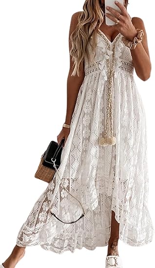 Summer Dresses Sleeveless Lace Casual Tassel Beach Spaghetti Straps Flowy Maxi Sun Dress