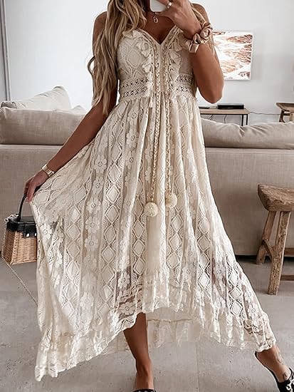 Summer Dresses Sleeveless Lace Casual Tassel Beach Spaghetti Straps Flowy Maxi Sun Dress